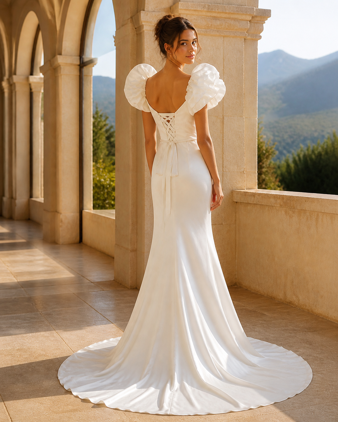 MANT Deep V Puff-Shoulder Mermaid Wedding Dress