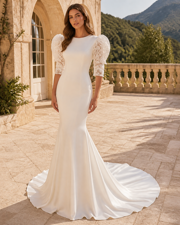 MANT Square-Neck Puff-Sleeve Mermaid Wedding Dress