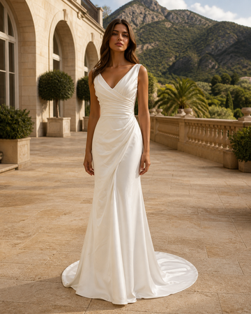 MANT Wide V-Neck Draped Mermaid Wedding Dress