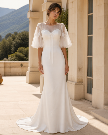 MANT Square-Neck Sheer Flutter-Sleeve Mermaid Wedding Dress