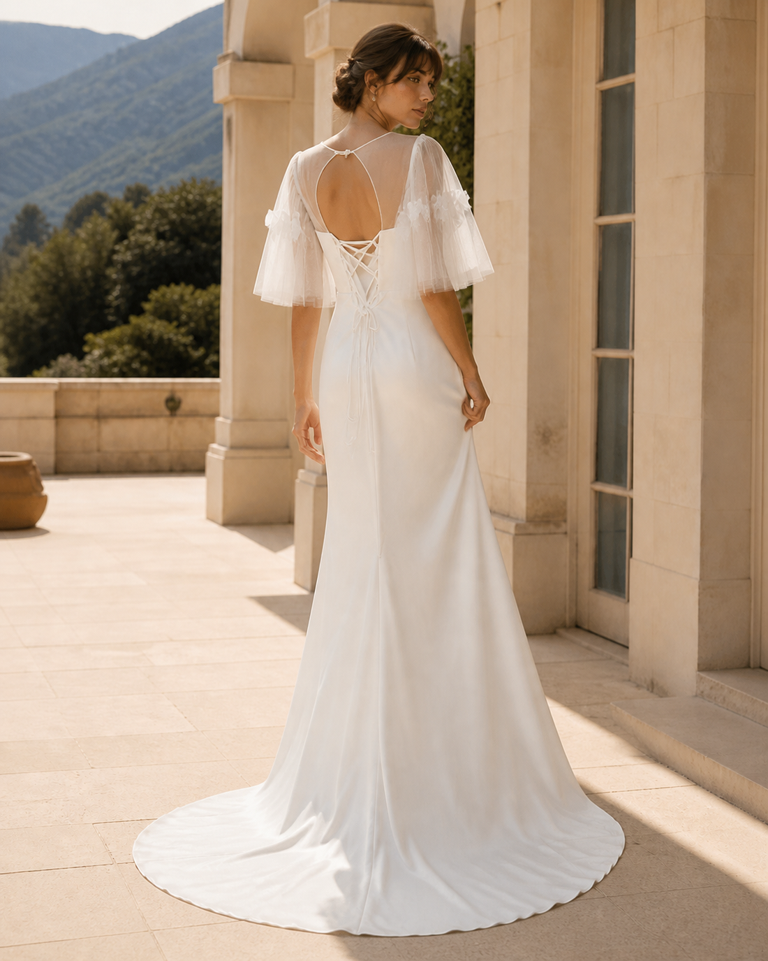 MANT Square-Neck Sheer Flutter-Sleeve Mermaid Wedding Dress