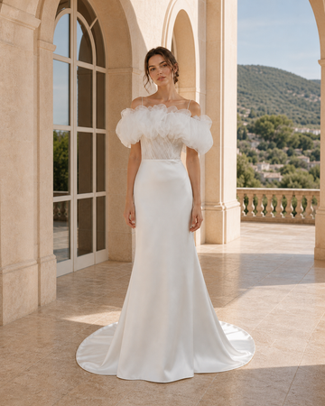 MANT Feather-Trim Off-Shoulder Mermaid Wedding Dress