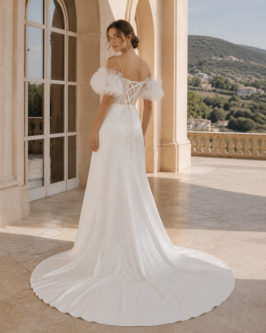MANT Feather-Trim Off-Shoulder Mermaid Wedding Dress