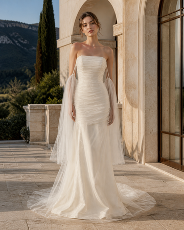 MANT Strapless Draped Cape Mermaid Wedding Dress