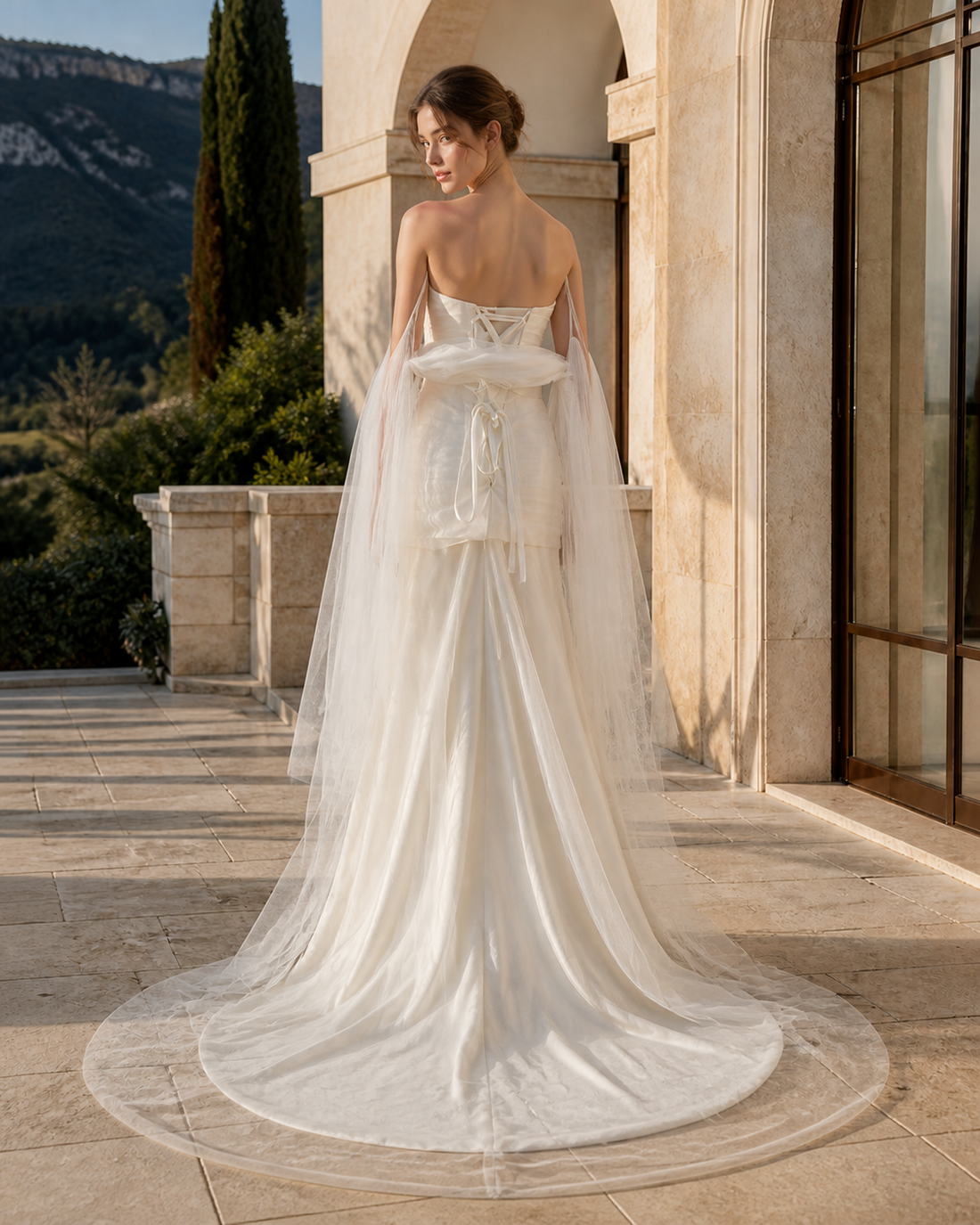MANT Strapless Draped Cape Mermaid Wedding Dress
