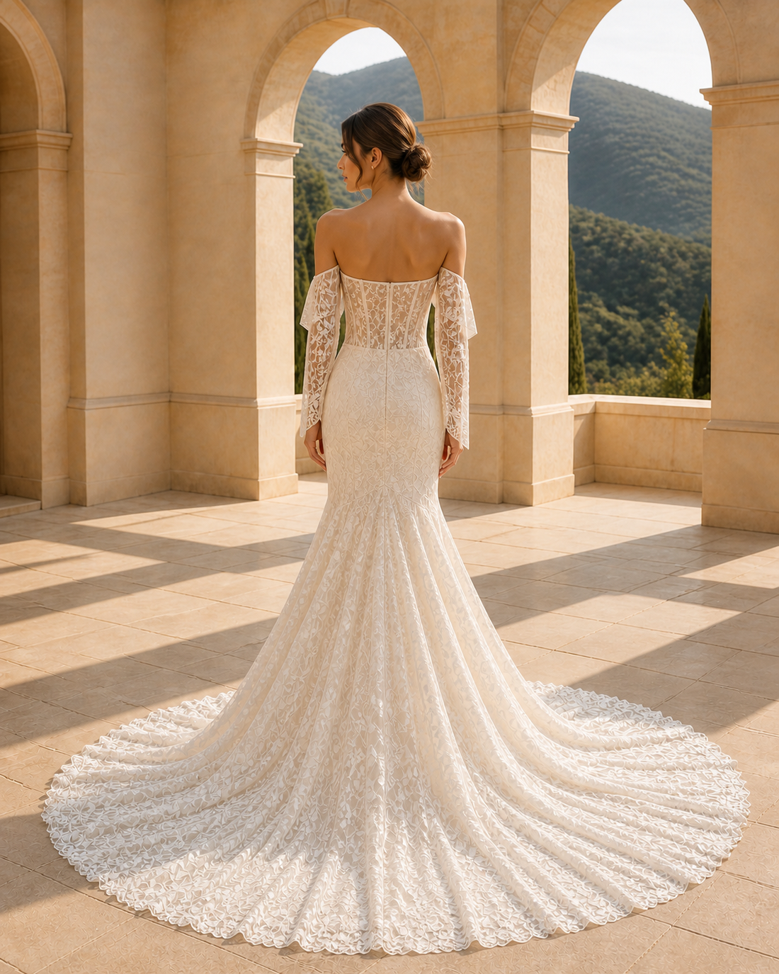 MANT Off-Shoulder Lace Sleeves Sheer Corset Bodice Mermaid Wedding Dress