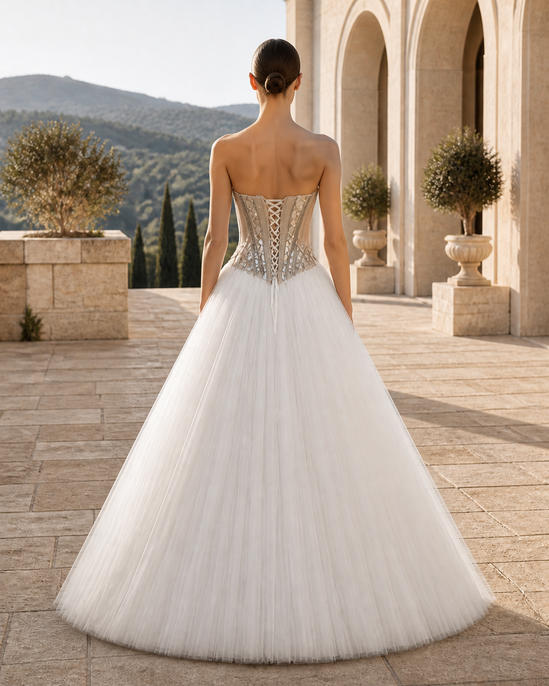 MANT Strapless Neckline Sculpted Silver Corset A-Line Wedding Dress