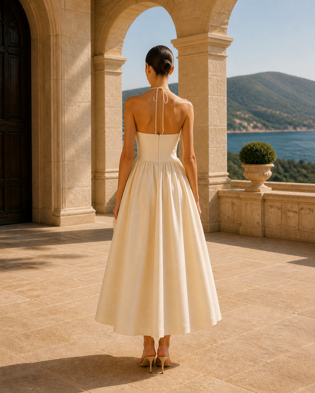 MANT Halter Tie Neck Textured Floral Bodice Tea-Length Wedding Dress