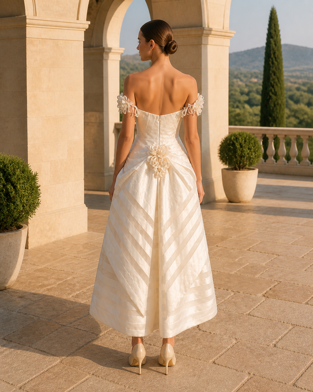 MANT Floral Off-Shoulder Straps Ruched Corset Tea-Length Wedding Dress