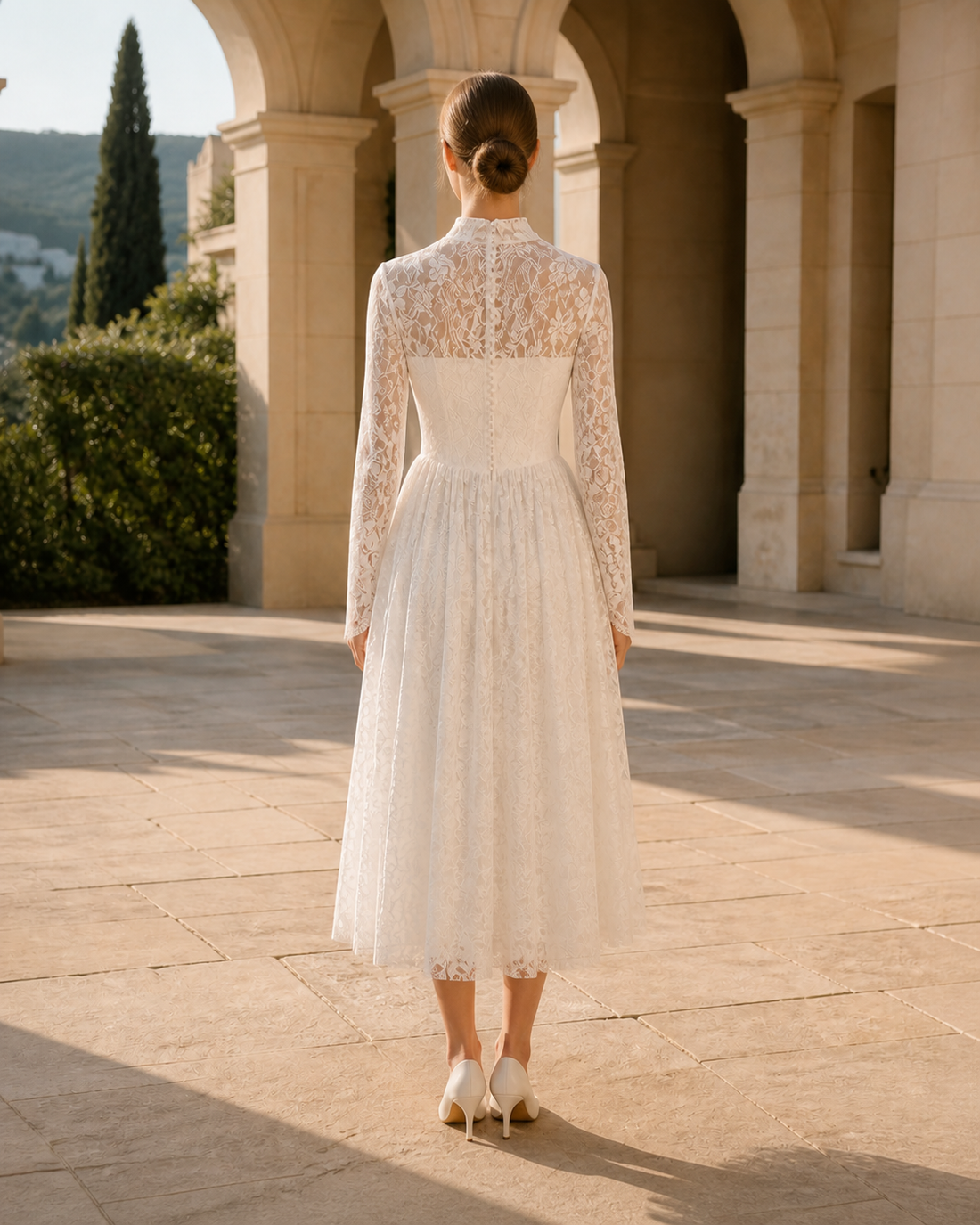 MANT High Lace Neckline Long Sleeves Tea-Length Wedding Dress