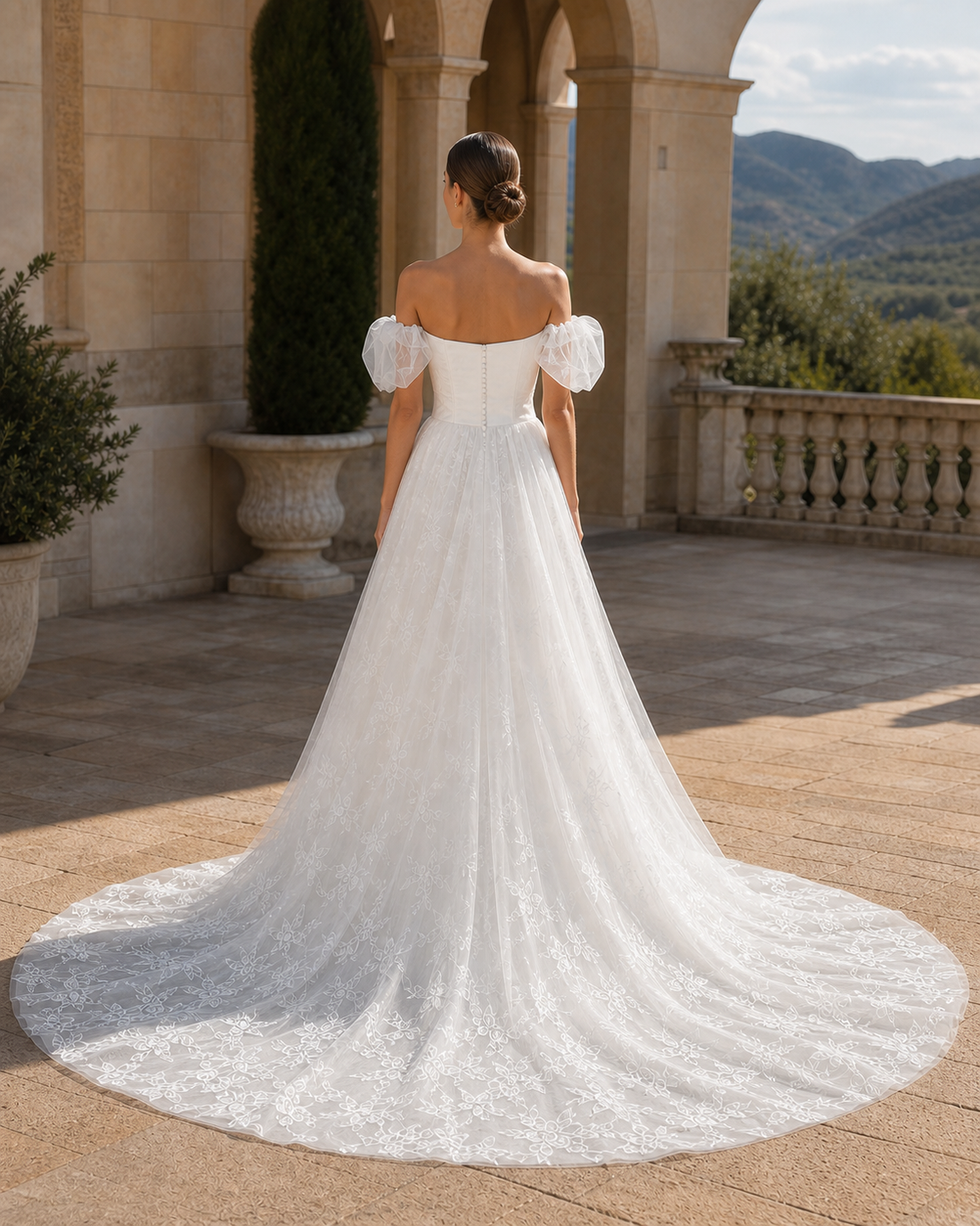 MANT Puffed Off-Shoulder Sleeves Cutout Corset Bodice A-Line Wedding Dress