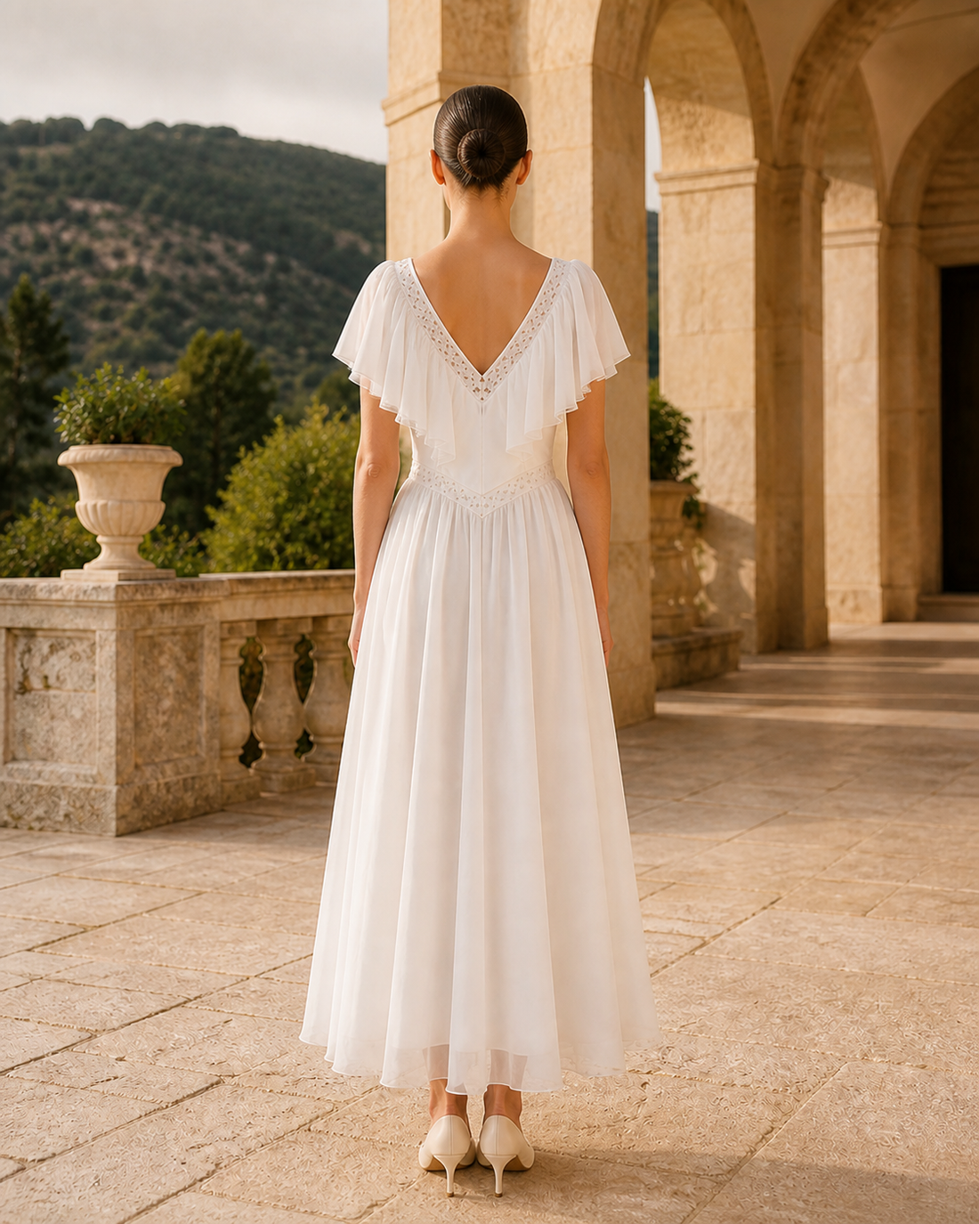 MANT V-Neckline Flutter Cape Sleeves Tea-Length Wedding Dress