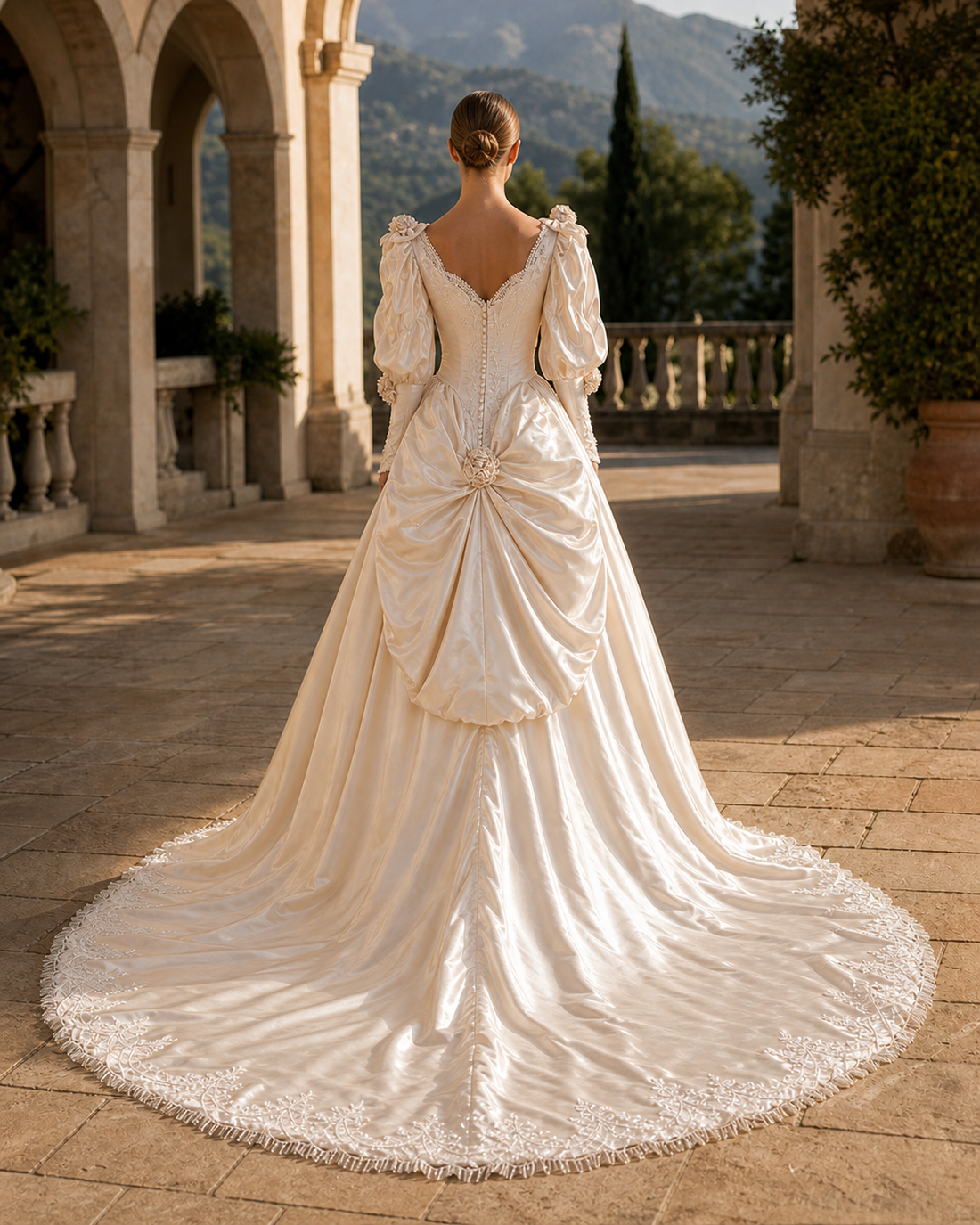 MANT Sculpted Puff Sleeves Shoulder Rosettes A-Line Wedding Dress