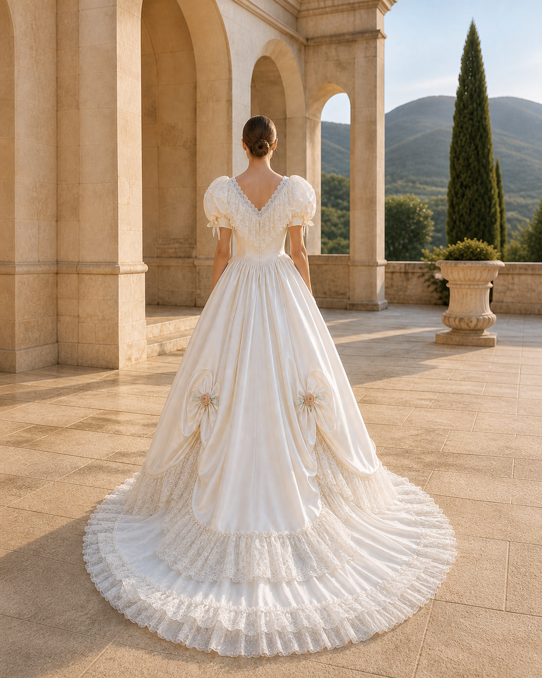 MANT Layered V-Neckline Puff Sleeves A-Line Wedding Dress