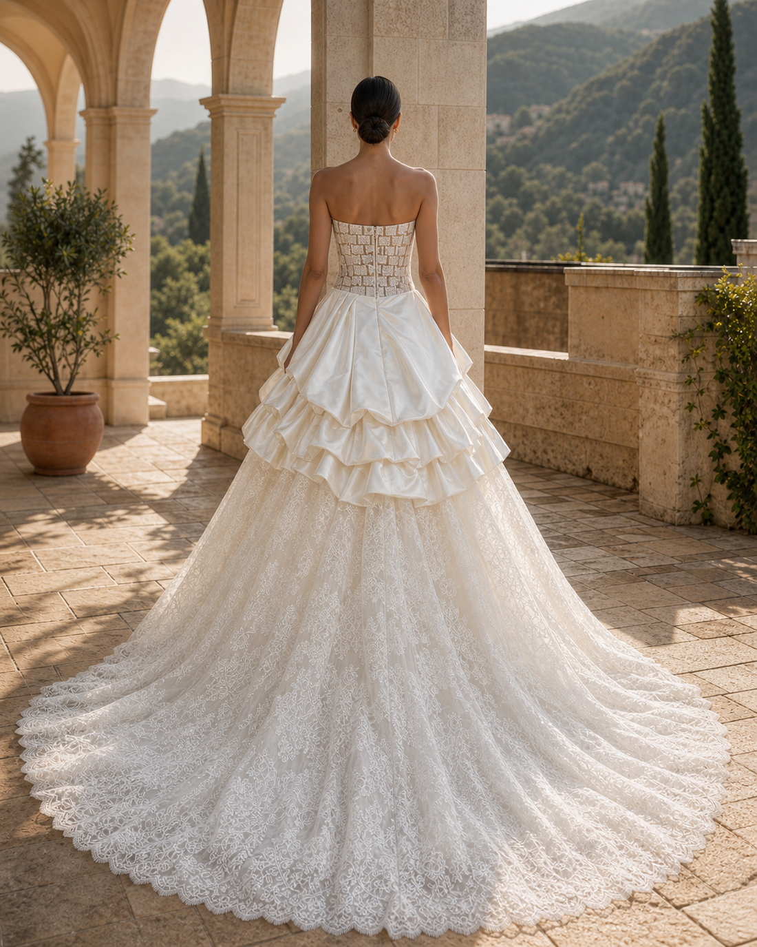MANT Woven Strapless Corset Layered Satin Peplum A-Line Wedding Dress