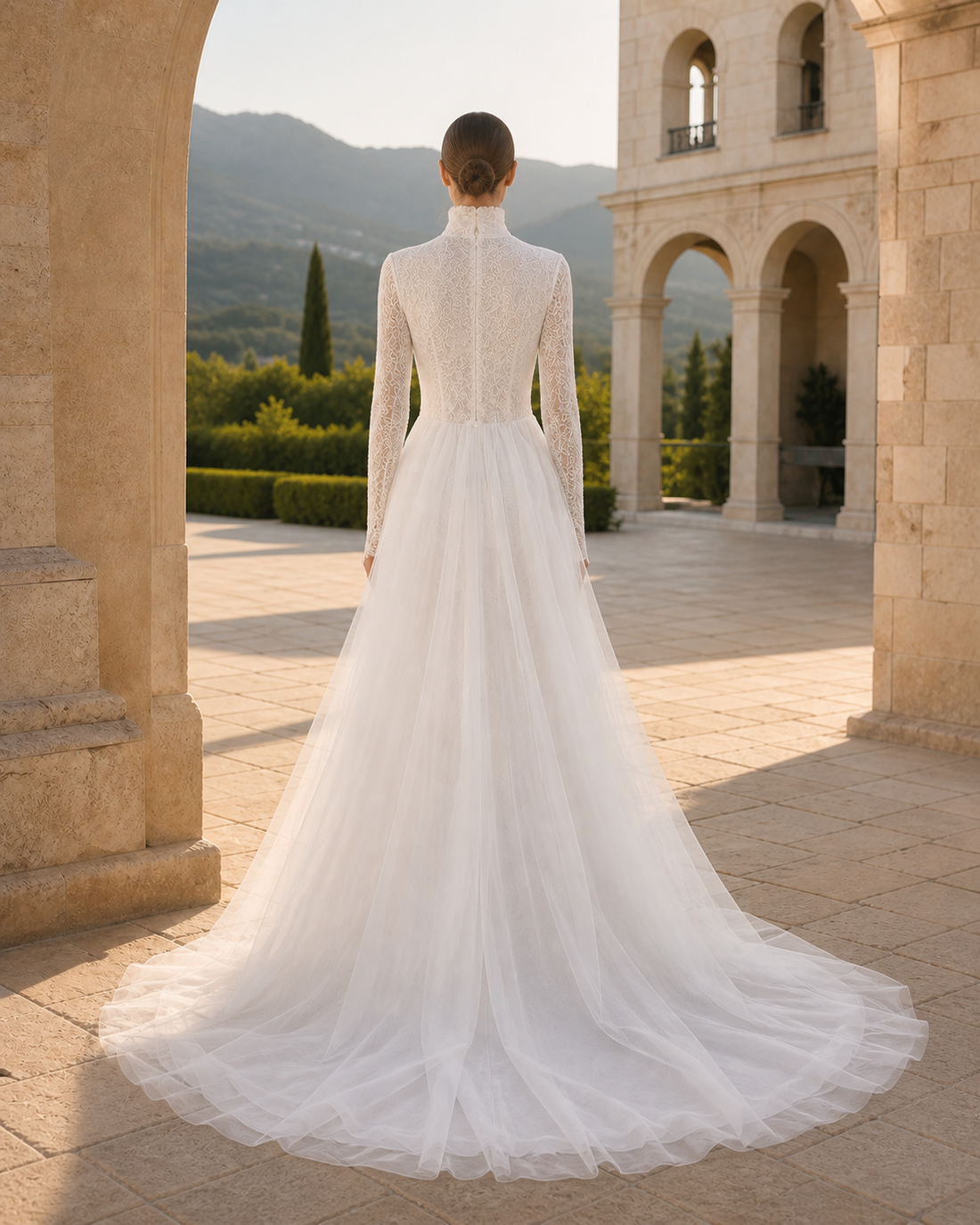 MANT High Lace Neckline Long Sleeves Column Wedding Dress