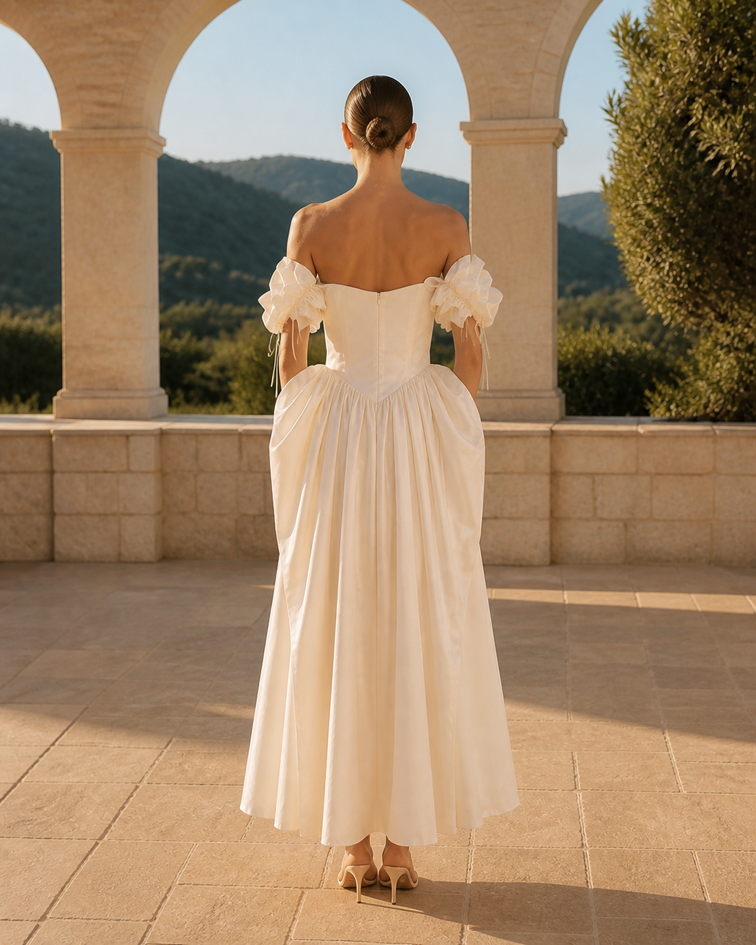 MANT Straight Off-Shoulder Neckline Floral Sleeve Ties Tea-Length Wedding Dress