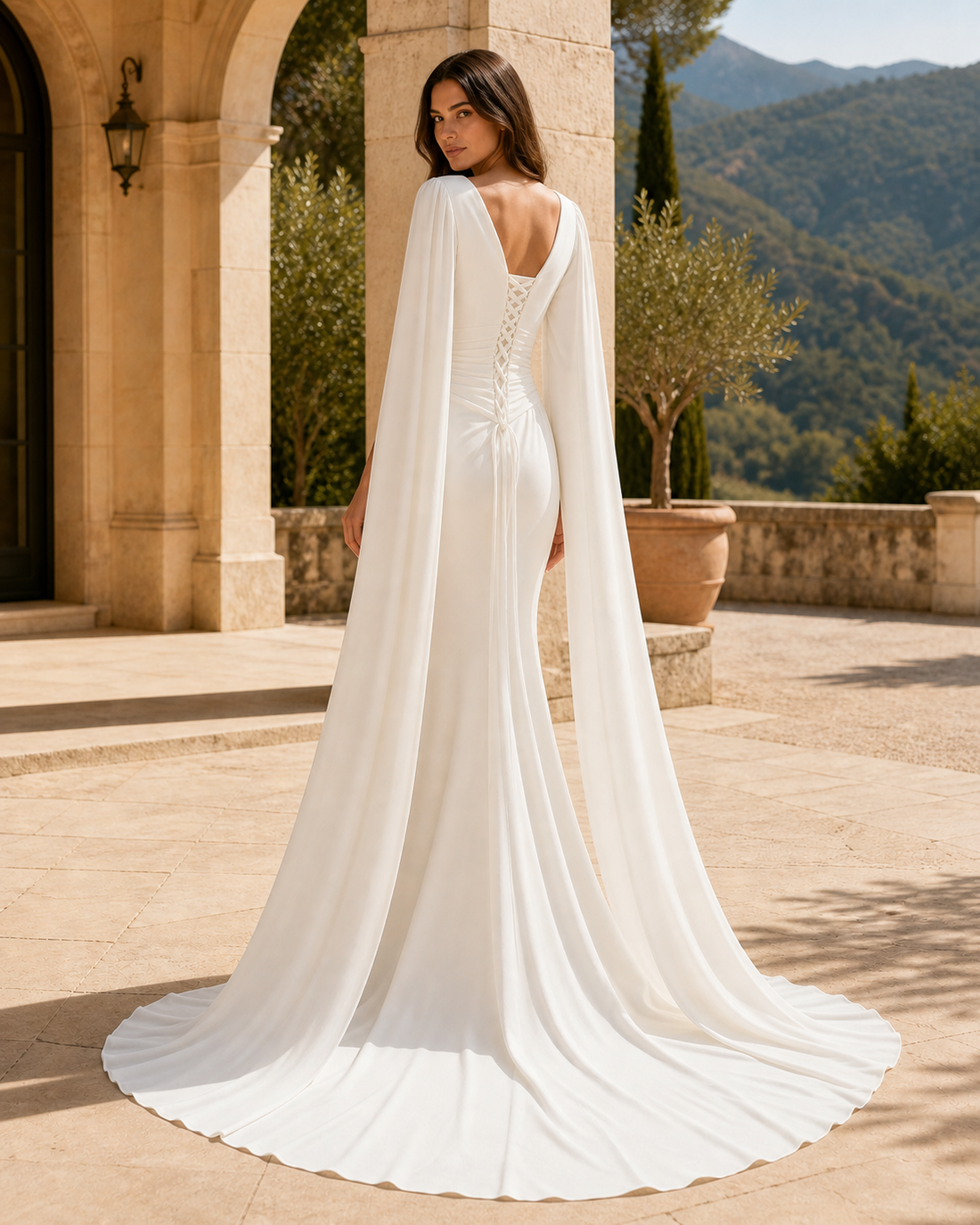 MANT Asymmetric Neckline Cape Sleeves Mini Wedding Dress