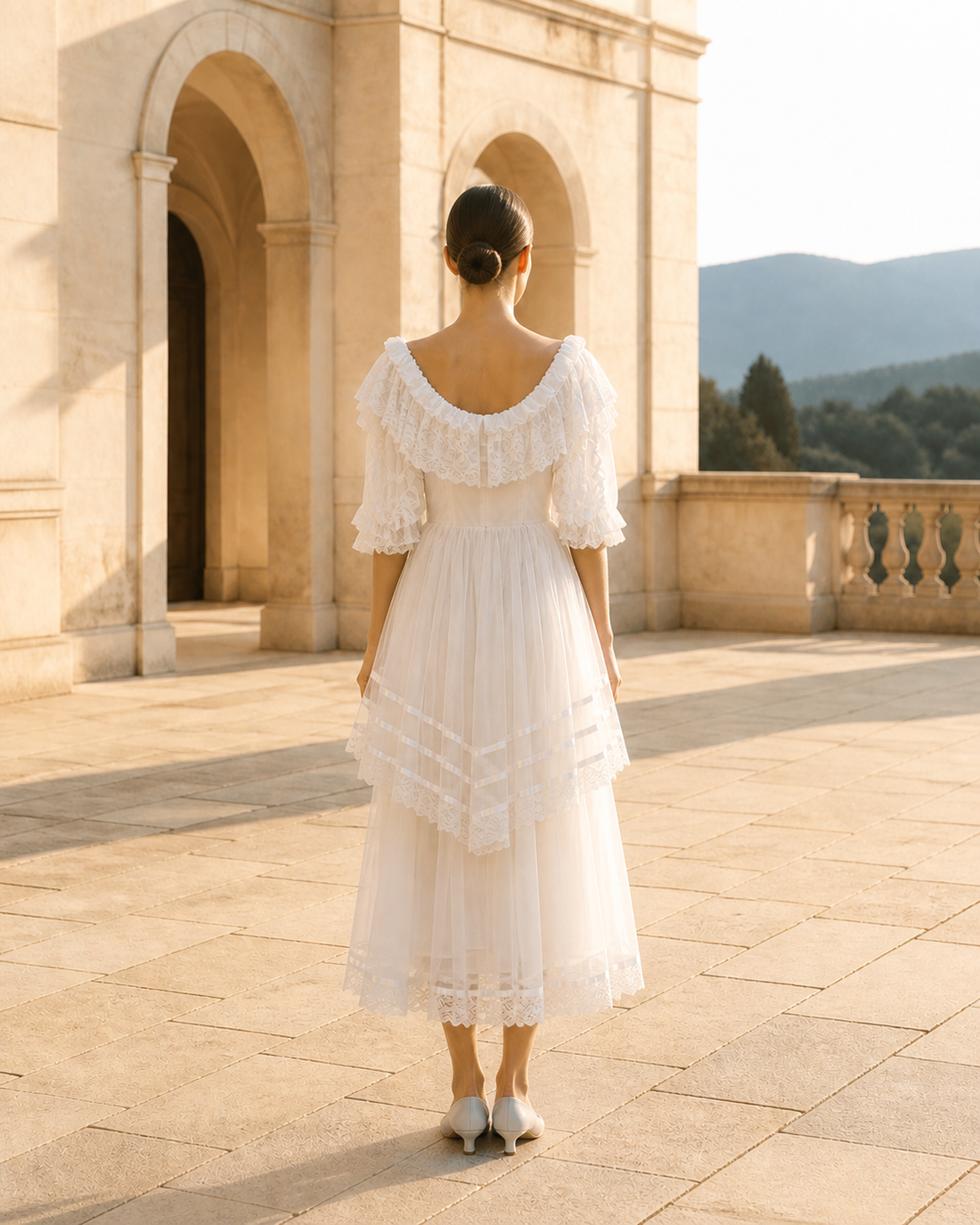 MANT Off-Shoulder Lace Ruffle Half Sleeves Tea-Length Wedding Dress