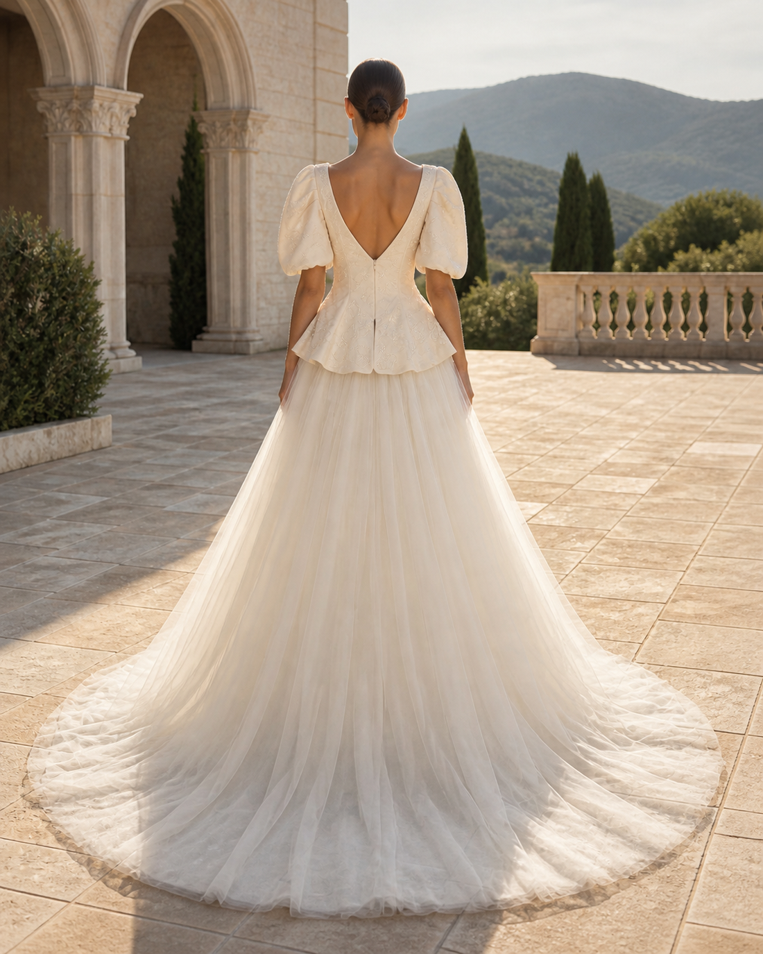MANT Deep V-Neckline Short Puff Sleeves Mini Wedding Dress