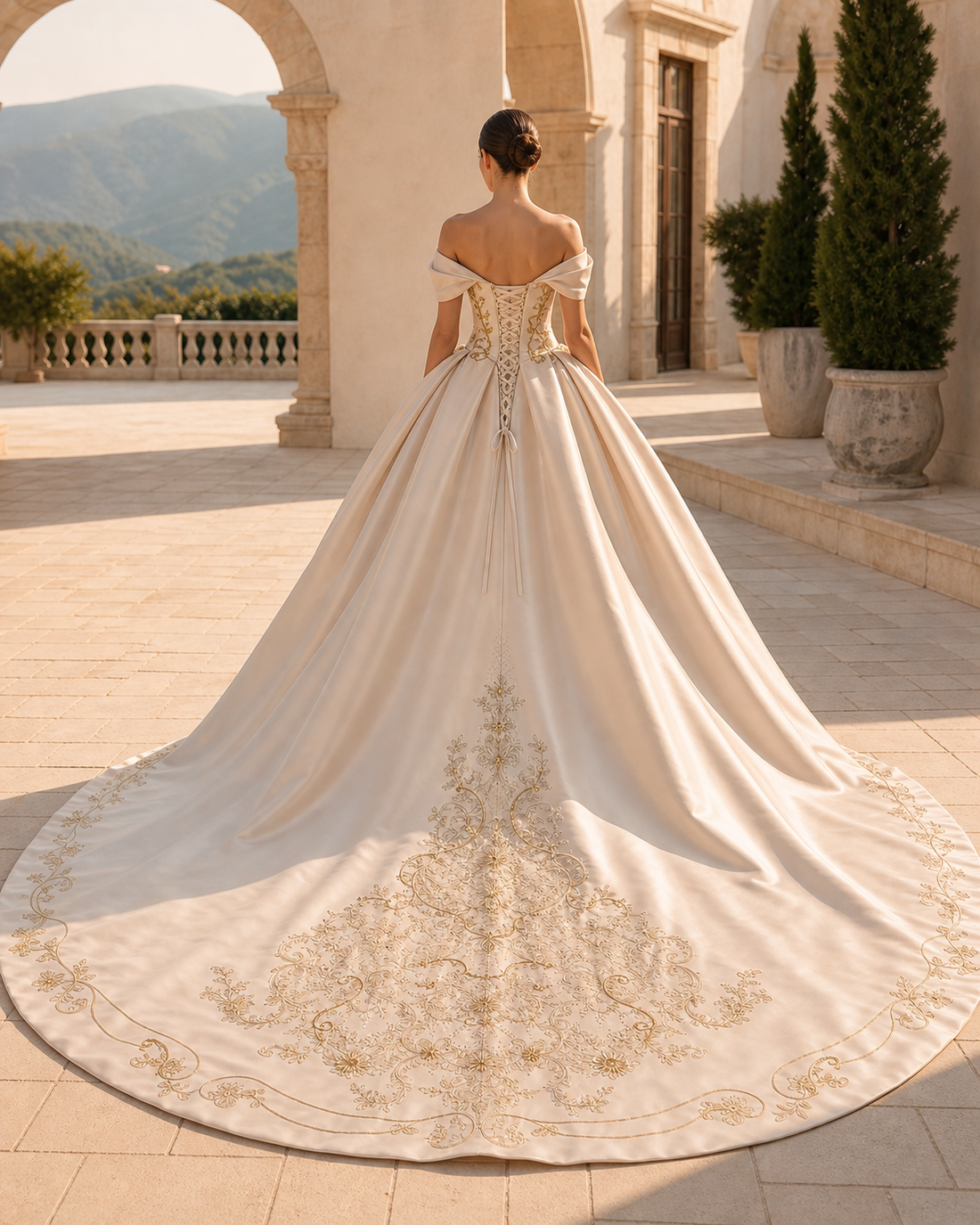MANT Off-Shoulder Neckline Metallic Baroque Embroidery Ball Gown Wedding Dress