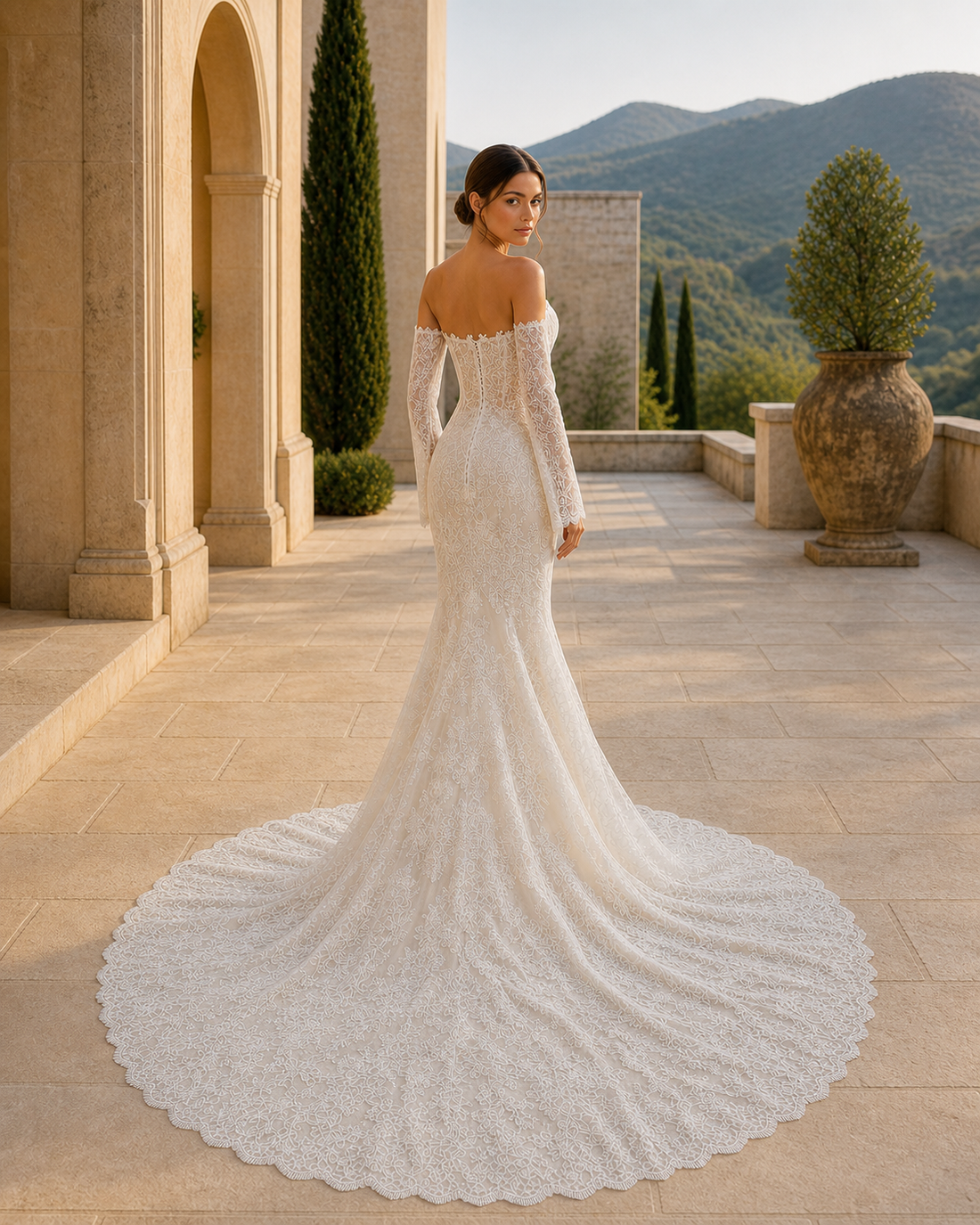 MANT Off-Shoulder Neckline Sheer Lace Corset Mermaid Wedding Dress