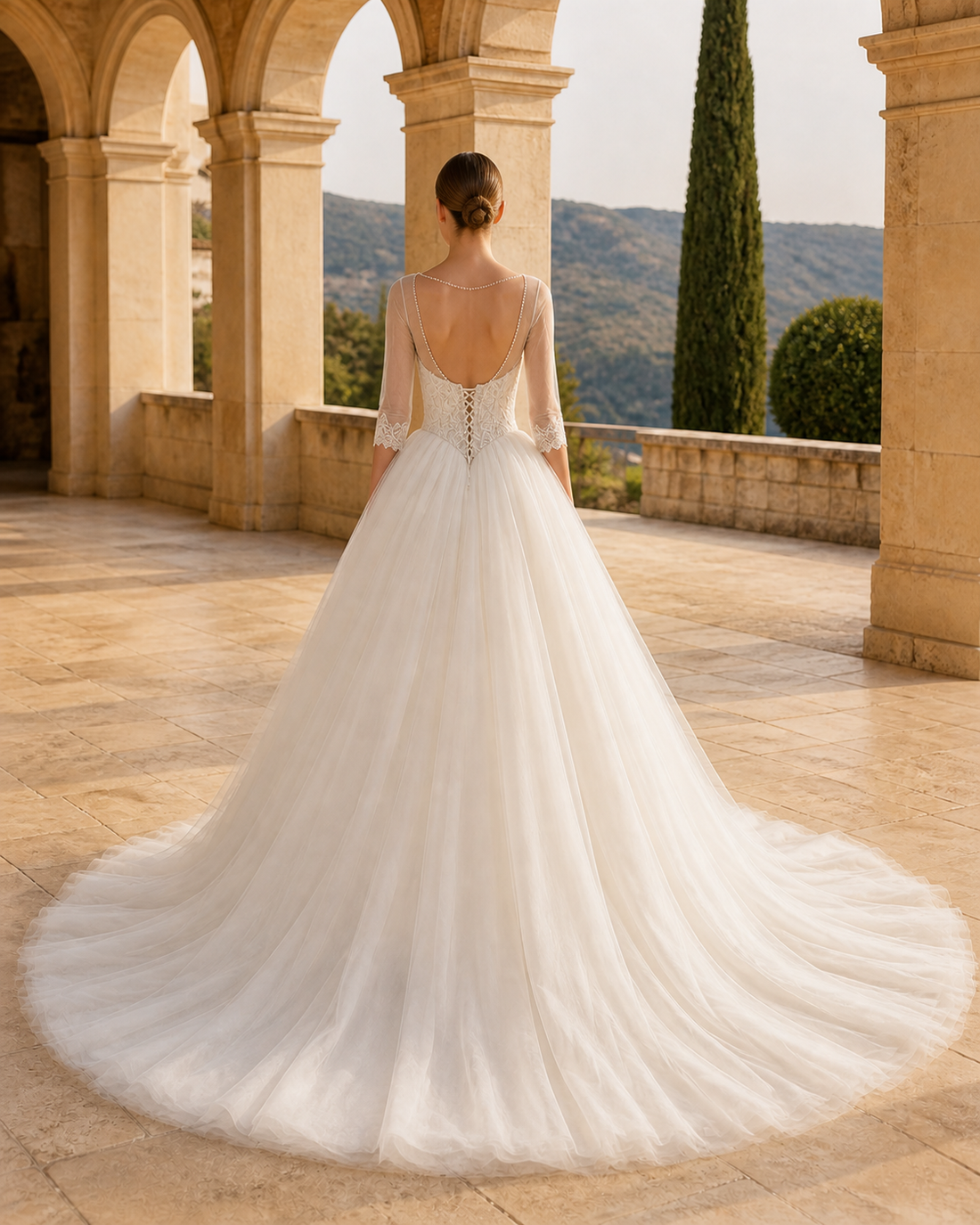 MANT Illusion Neckline Three-Quarter Lace Sleeves Ball Gown Wedding Dress
