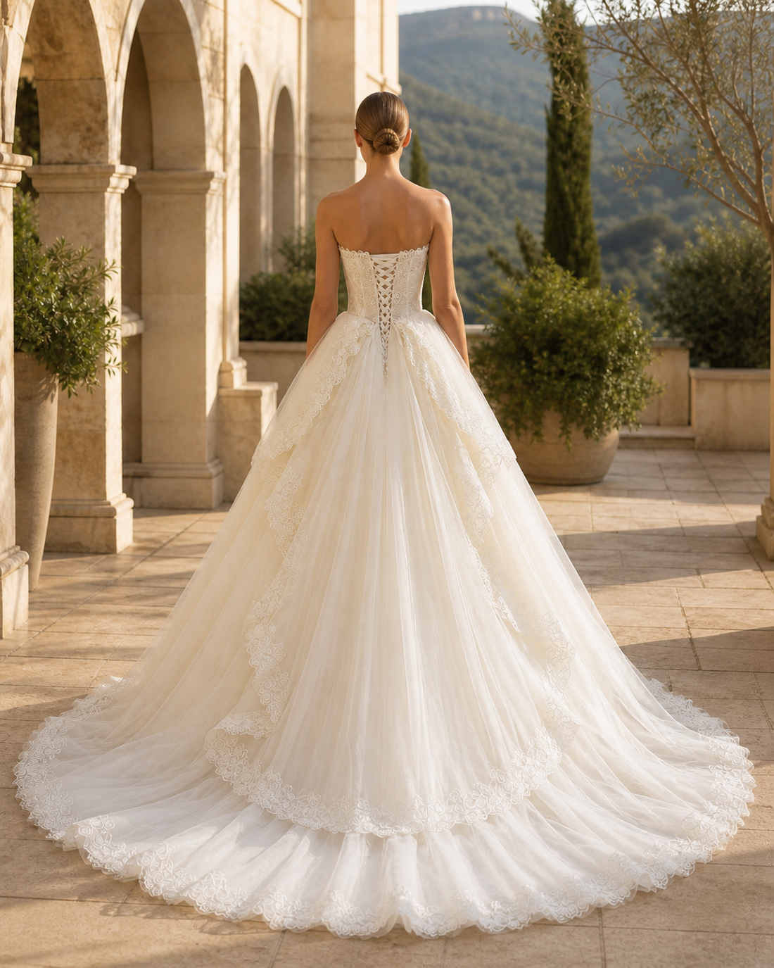 MANT Strapless Lace Bodice Fitted Corset Ball Gown Wedding Dress