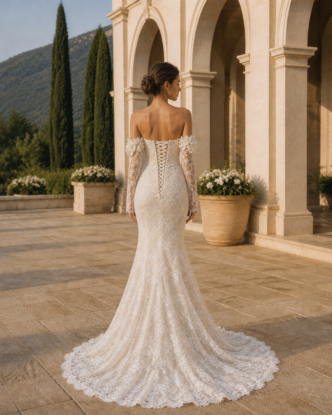 MANT Floral Off-Shoulder Neckline Long Lace Sleeves Mermaid Wedding Dress