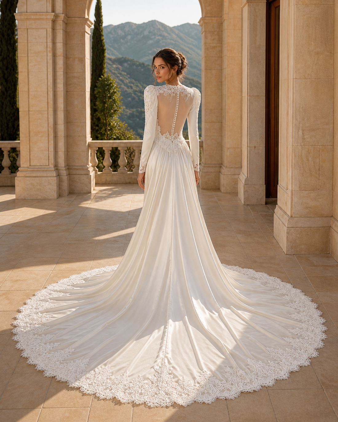 MANT High Lace Neckline Long Sleeves Column Wedding Dress
