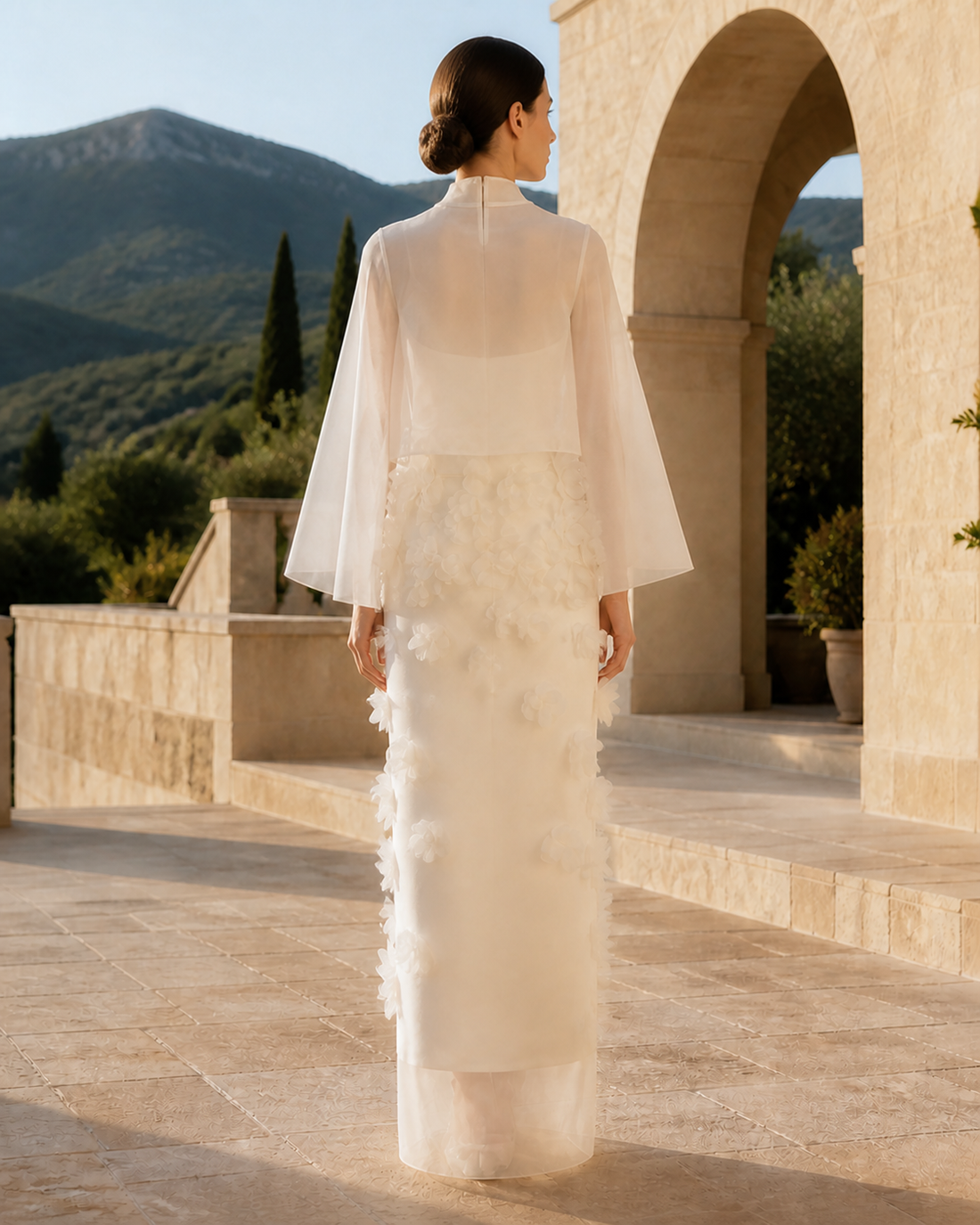 MANT High Sheer Neckline Cape Sleeves Column Wedding Dress