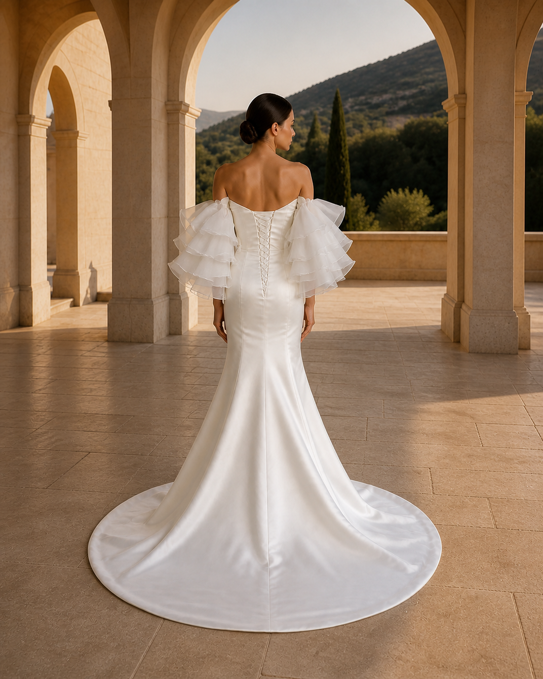 MANT Twisted Off-Shoulder Bodice Tiered Ruffle Sleeves Mermaid Wedding Dress
