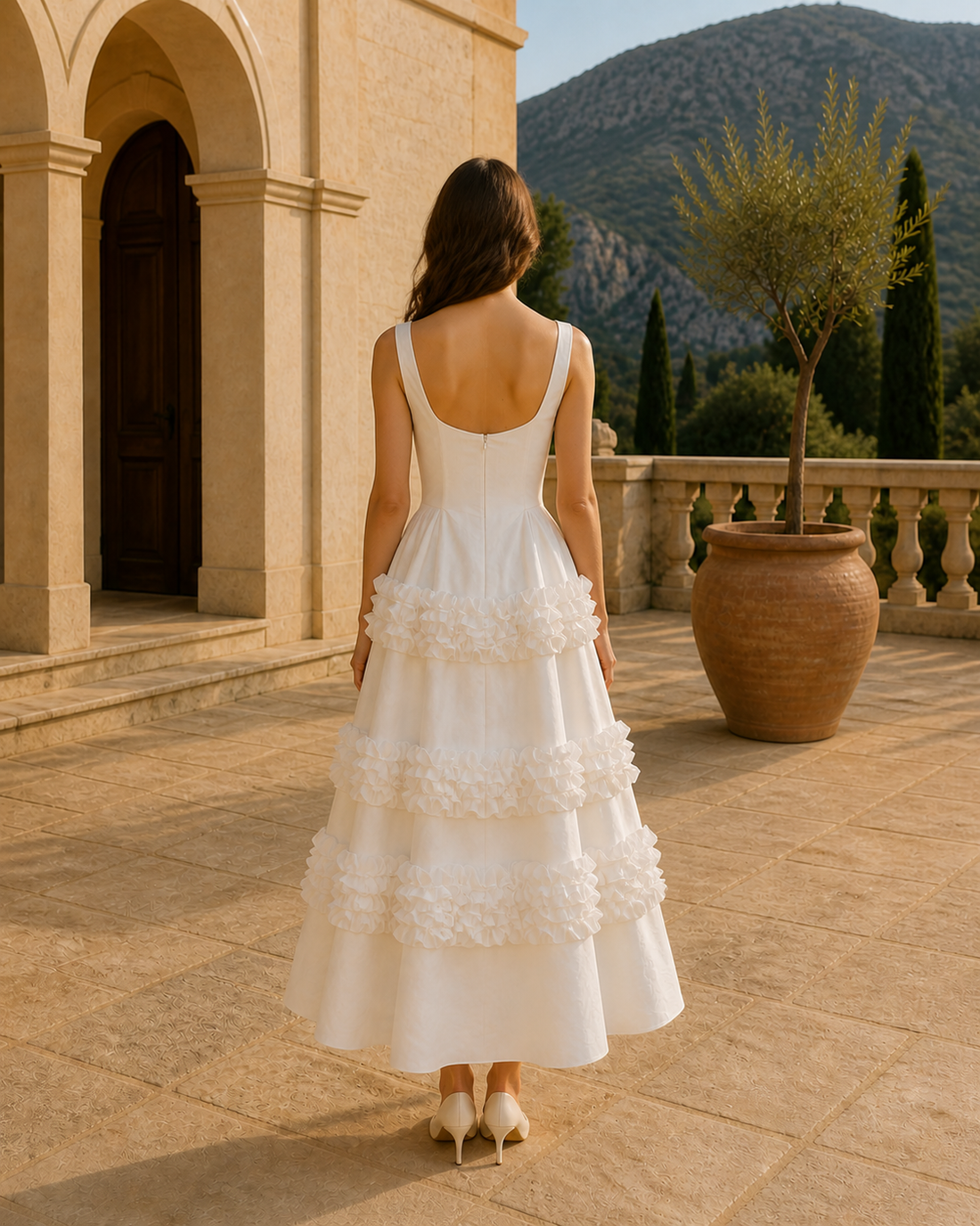 MANT Square Neckline Sleeveless Bodice Tea-Length Wedding Dress