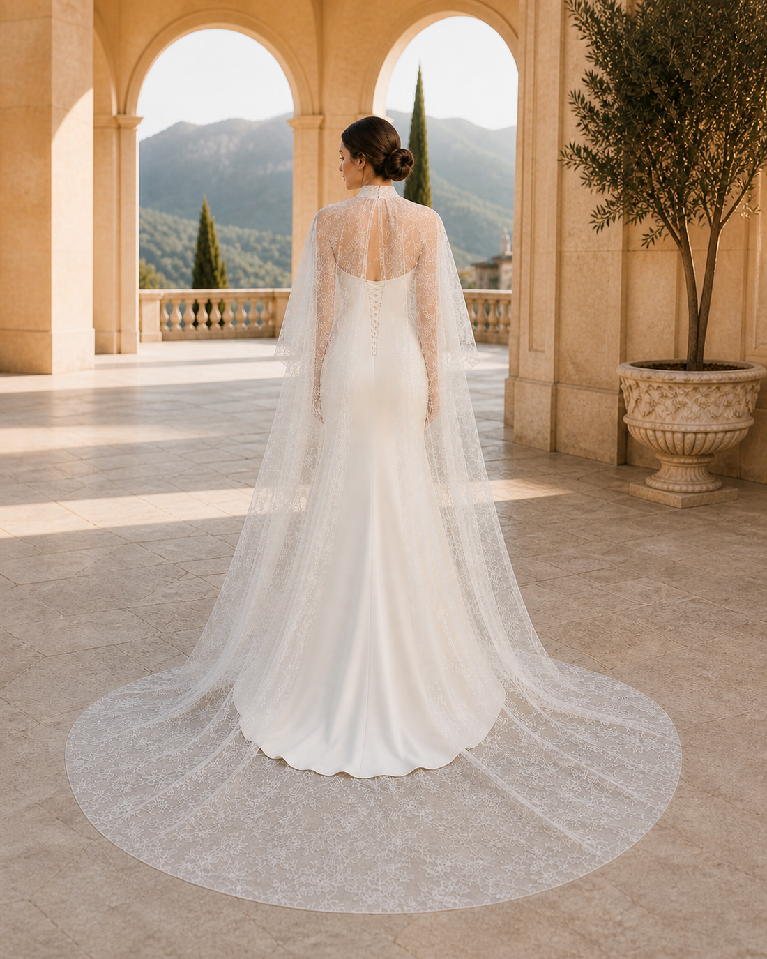 MANT Sweetheart Underlay High Lace Cape Column Wedding Dress