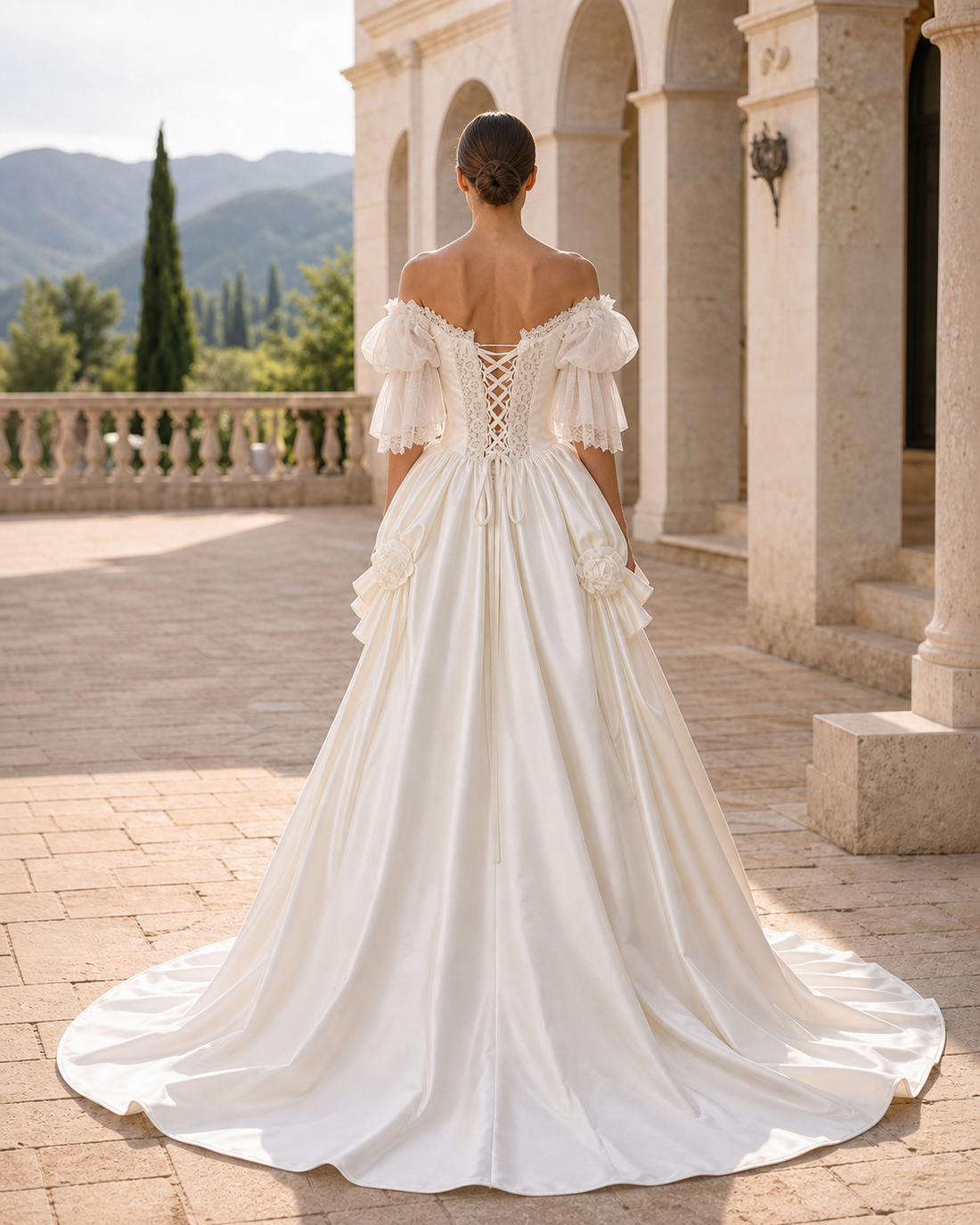 MANT Ruffled Off-Shoulder Neckline Lace-Up Corset A-Line Wedding Dress