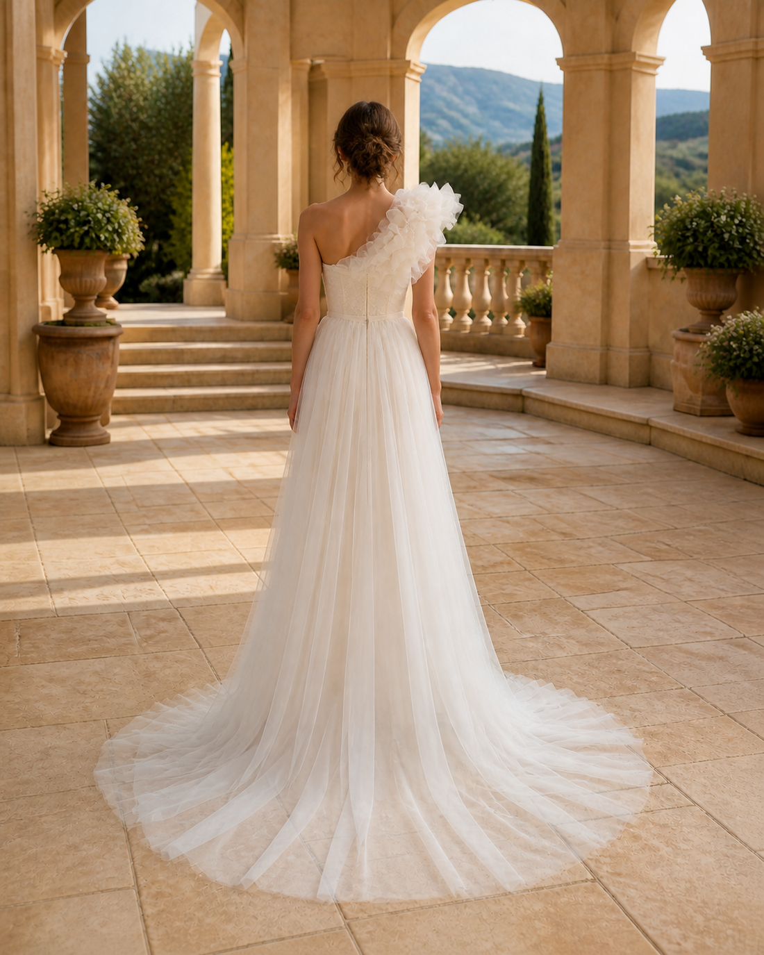 MANT One-Shoulder Neckline Sculptural Tulle Ruffle A-Line Wedding Dress