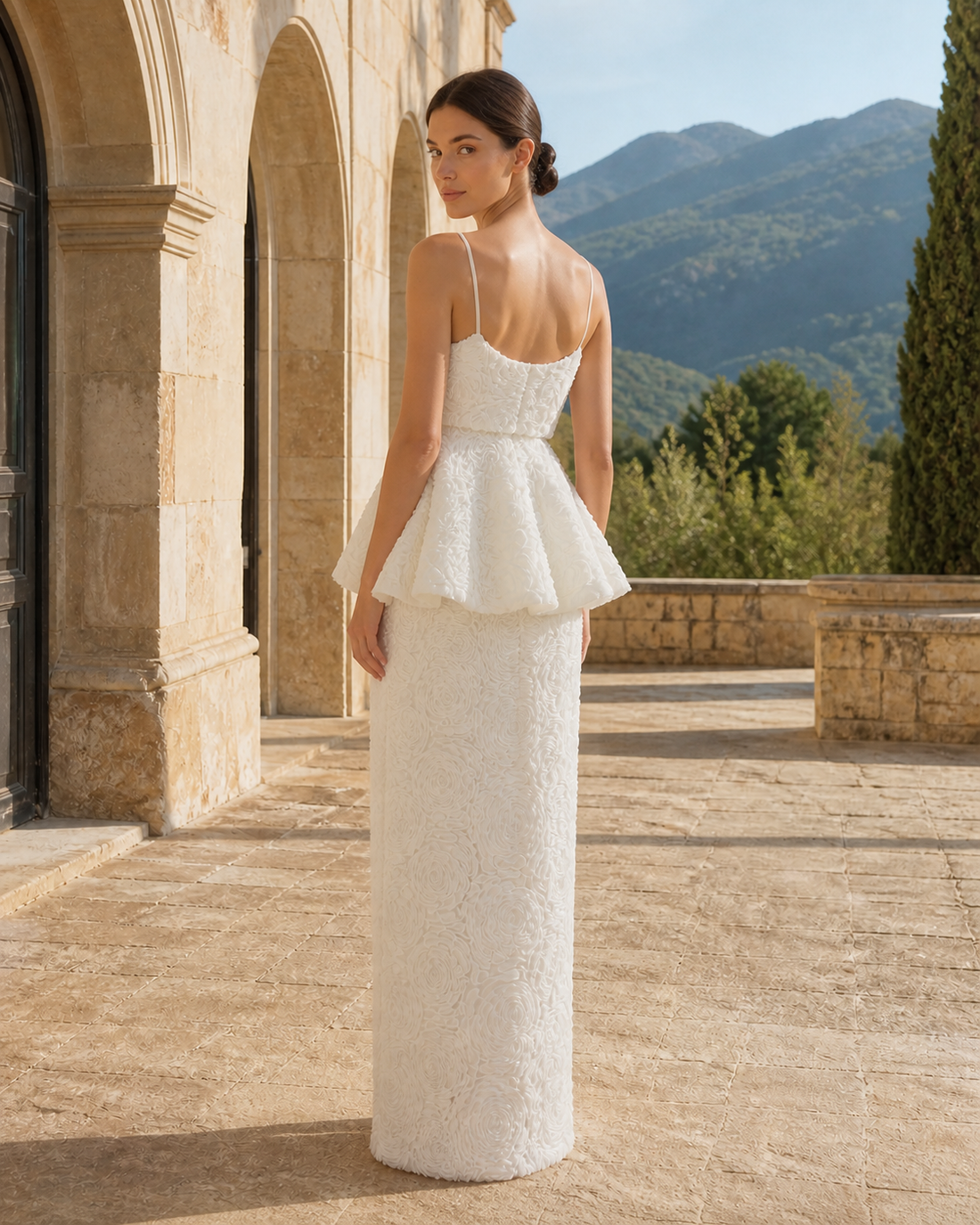 MANT Fine Shoulder Straps Textured Bodice Tea-Length Wedding Dress