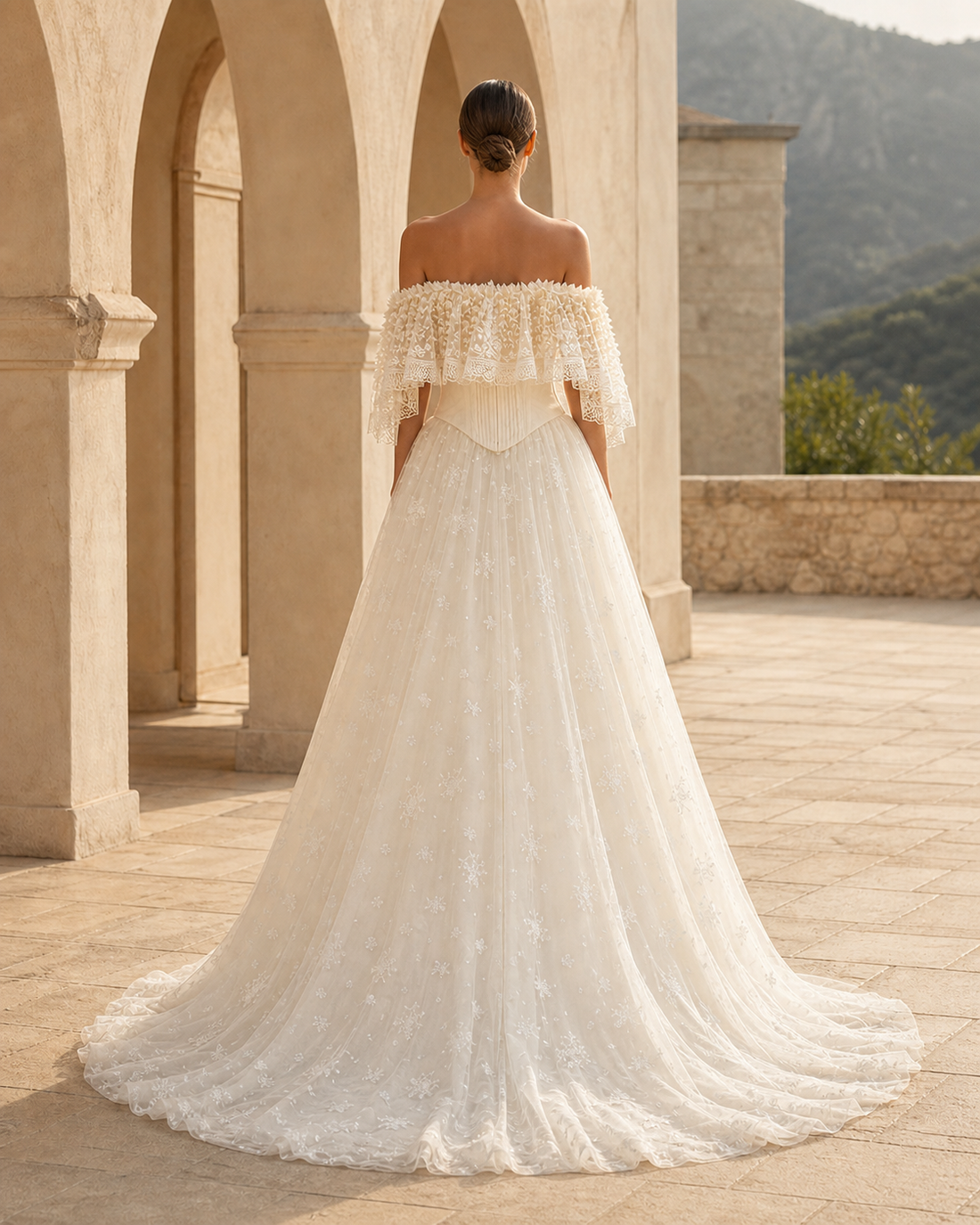 MANT Beaded Fringe Capelet Off-Shoulder Neckline A-Line Wedding Dress