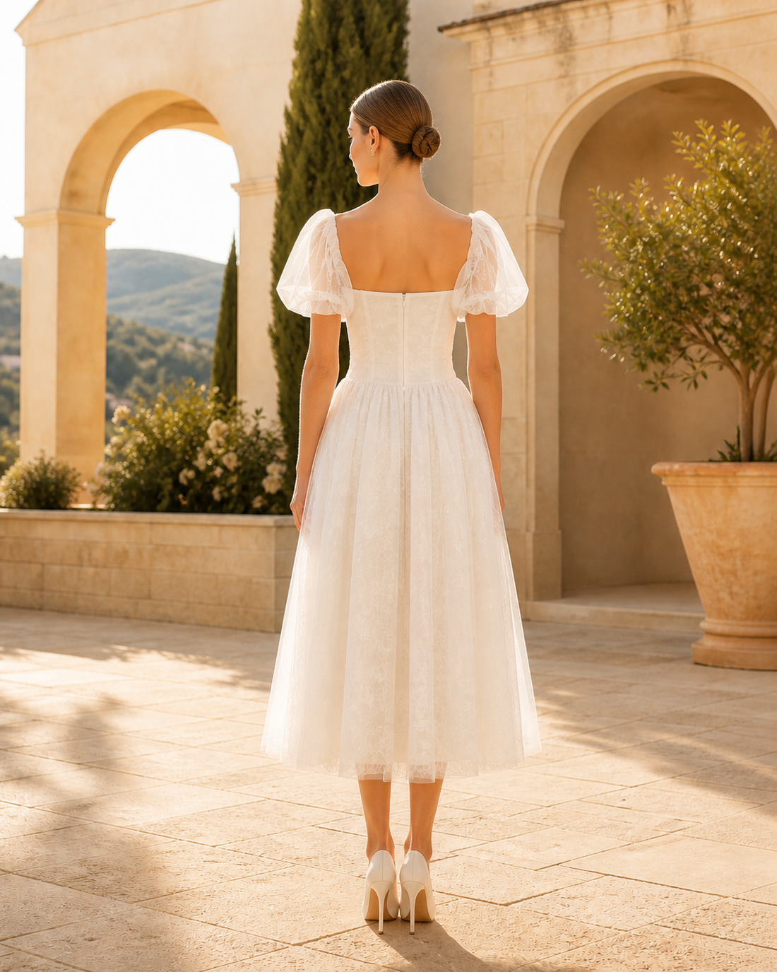 MANT Soft Square Neckline Sheer Puff Sleeves Tea-Length Wedding Dress