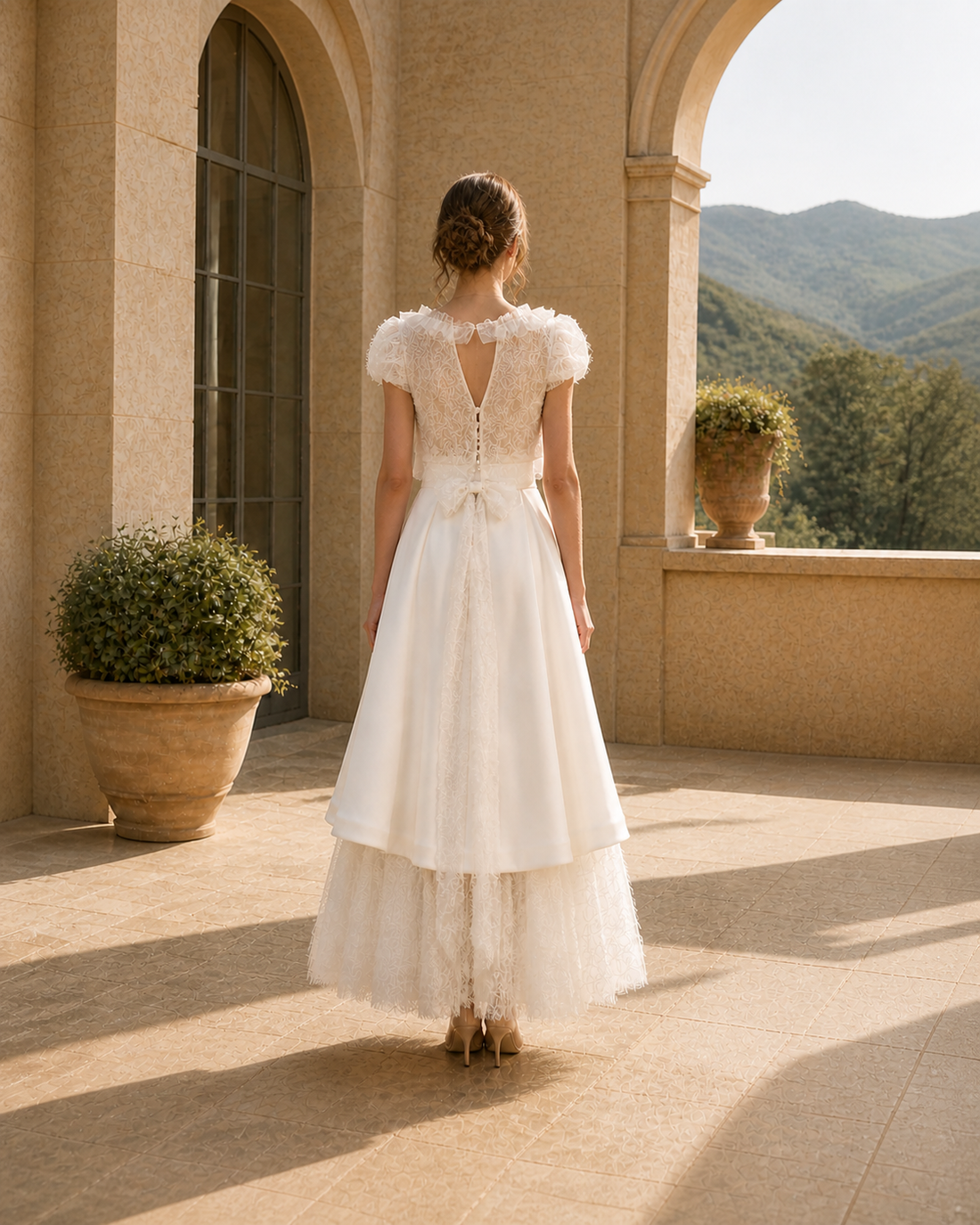 MANT Cropped Floral Top Cap Sleeves A-Line Wedding Dress