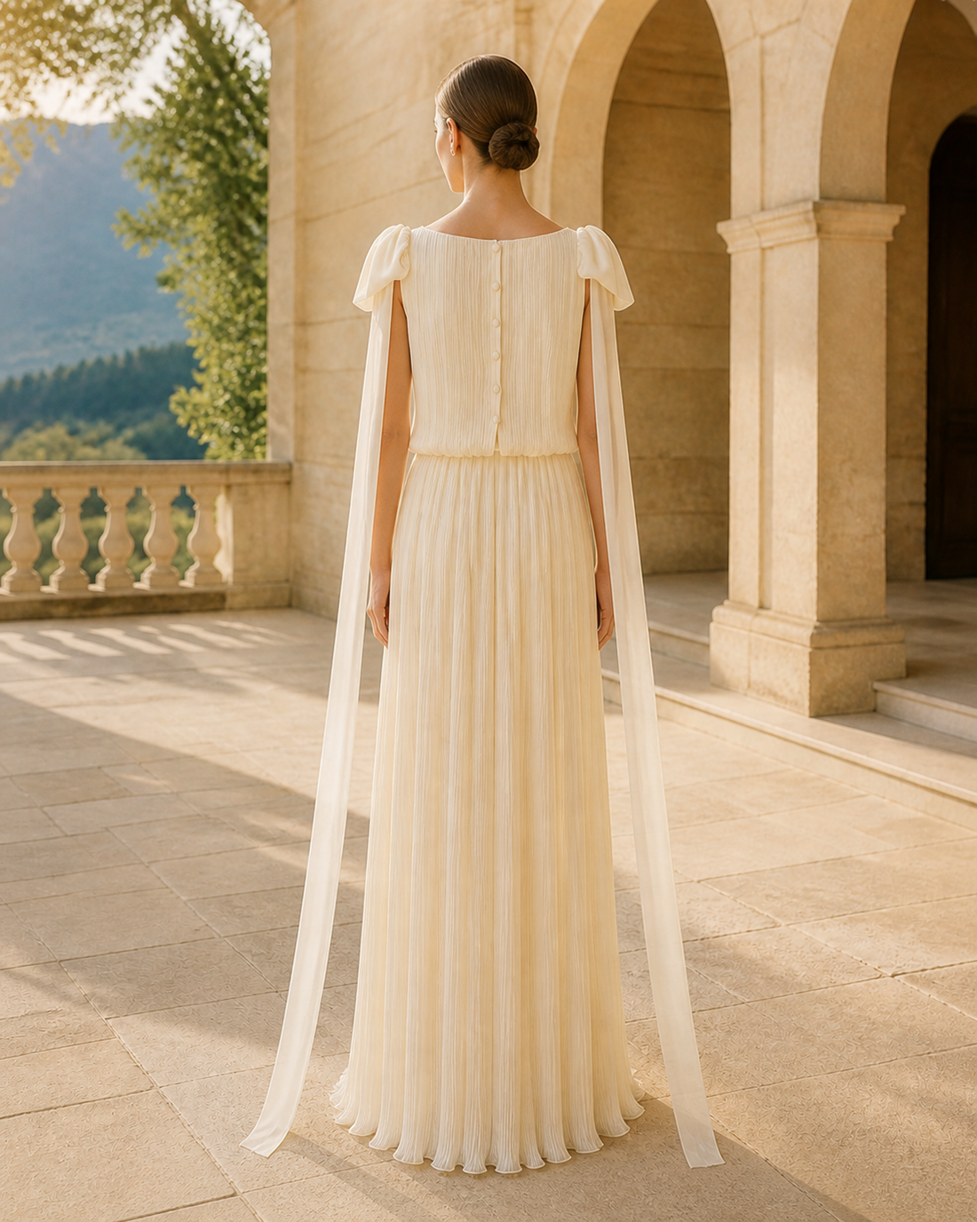 MANT Round Neckline Ruffled Cap Sleeves Column Wedding Dress