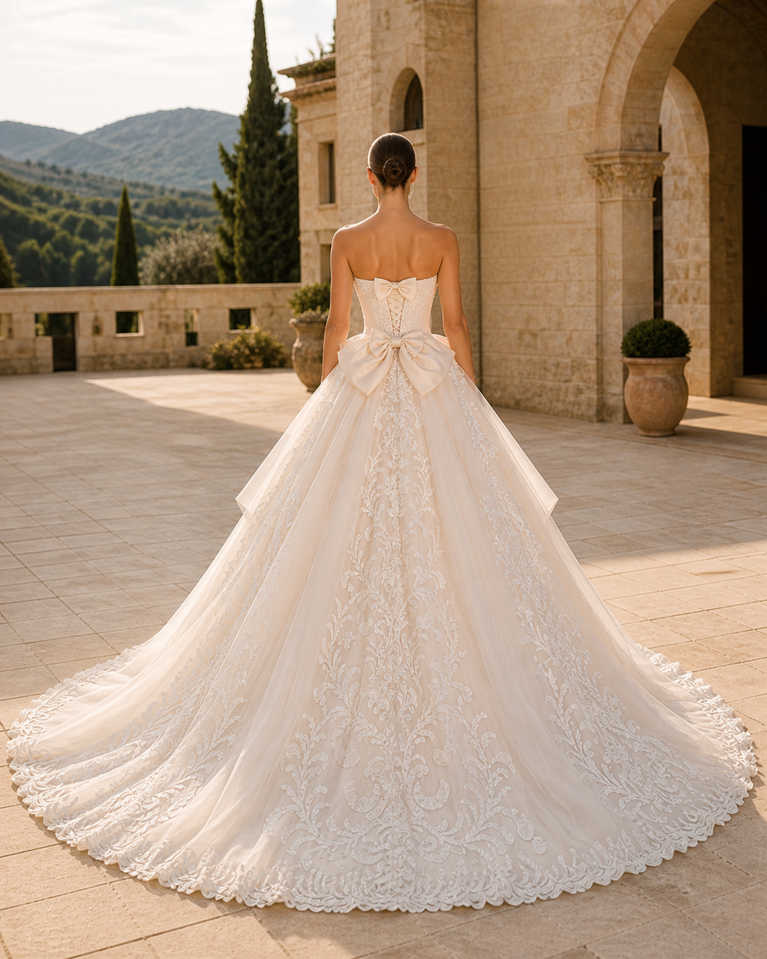 MANT Strapless Lace Bodice Bow Accents Ball Gown Wedding Dress
