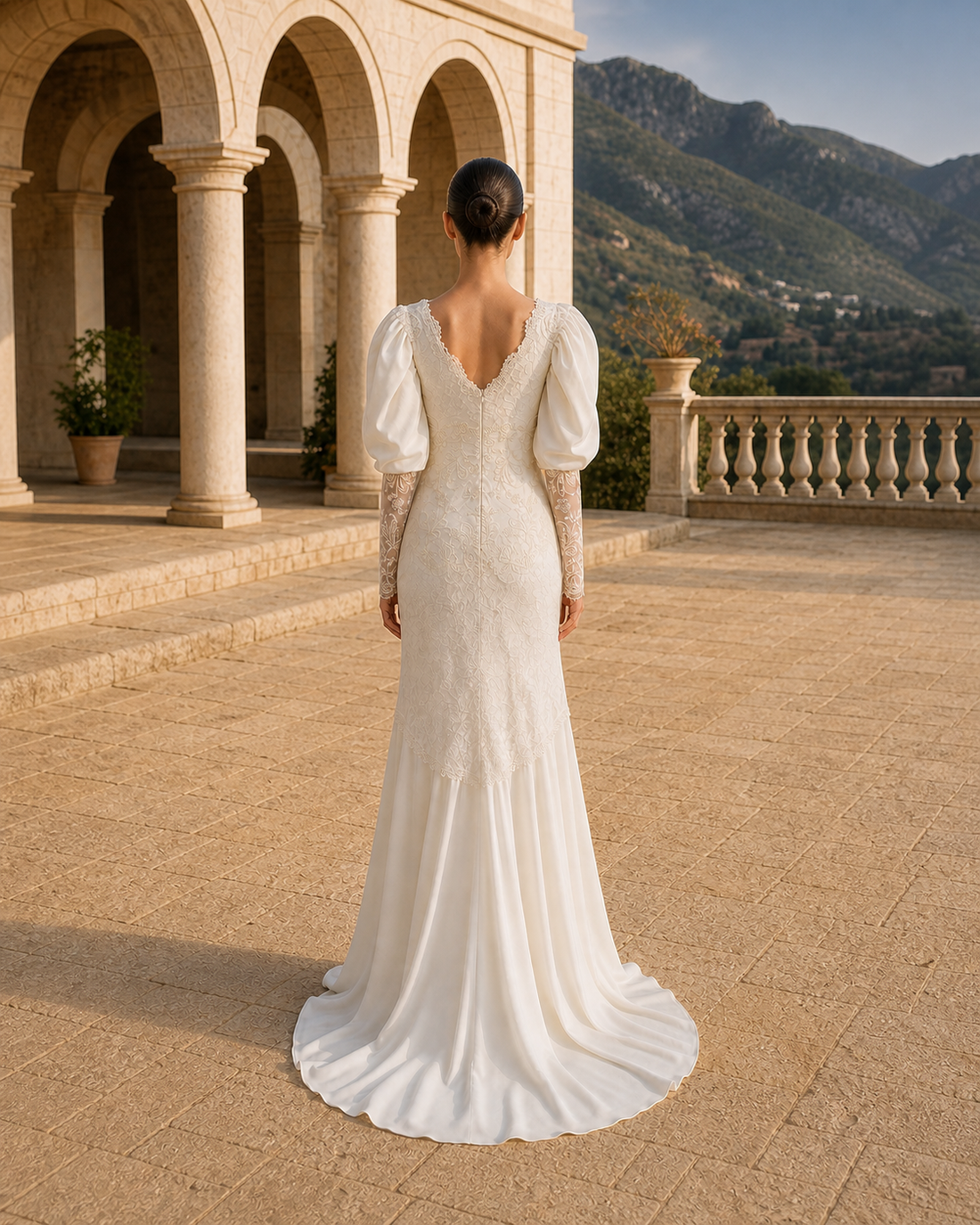 MANT V-Neck Lace Bodice Puff Sleeves A-Line Wedding Dress