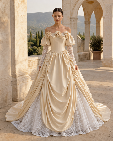 MANT Rose Off-Shoulder Neckline Puff Sleeves A-Line Wedding Dress