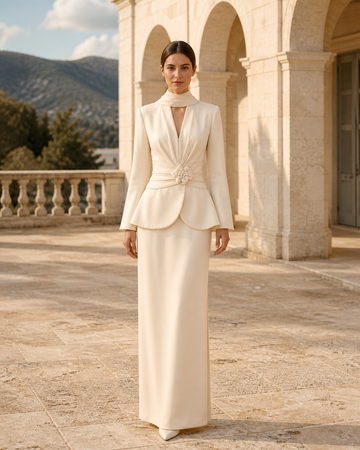 MANT Plunging Tailored Jacket Scarf Collar Mermaid Wedding Dress
