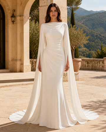 MANT Asymmetric Neckline Cape Sleeves Mini Wedding Dress