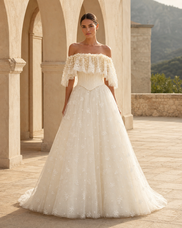 MANT Beaded Fringe Capelet Off-Shoulder Neckline A-Line Wedding Dress