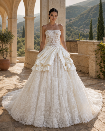 MANT Woven Strapless Corset Layered Satin Peplum A-Line Wedding Dress