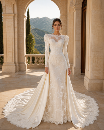 MANT High Lace Neckline Long Sleeves Column Wedding Dress