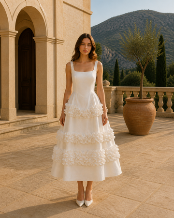 MANT Square Neckline Sleeveless Bodice Tea-Length Wedding Dress